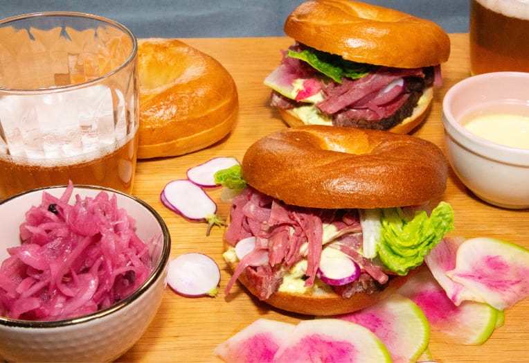 Bagel with Beer Ham Hock, Mustard Tartare & Garlic Mayonnaise Sauce – Fussels Fine Foods