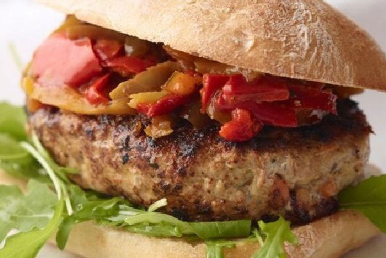 Basil Turkey Burgers with Sticky Pepper Relish and Rocket