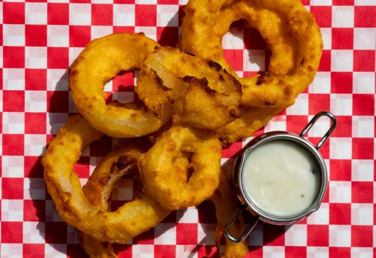 Beer Battered Onion Rings with a Blue Cheese Sauce