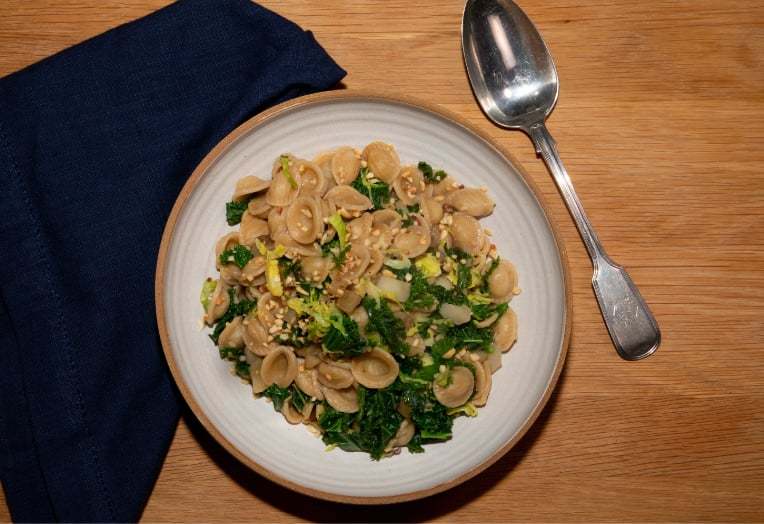 Blue Cheese & Greens Orecchiette Recipe Made with Garlic Oil for Cooking