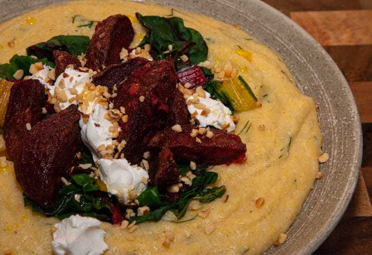 Cheesy Polenta with Roast Beetroot, Goat Cheese & Swiss Chard