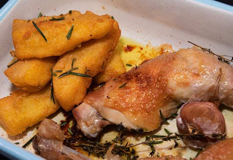 Polenta Chips with a Simple Garlic Roasted Chicken Leg