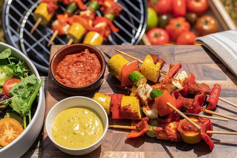 Halloumi and Pepper Kebabs with Romesco Sauce
